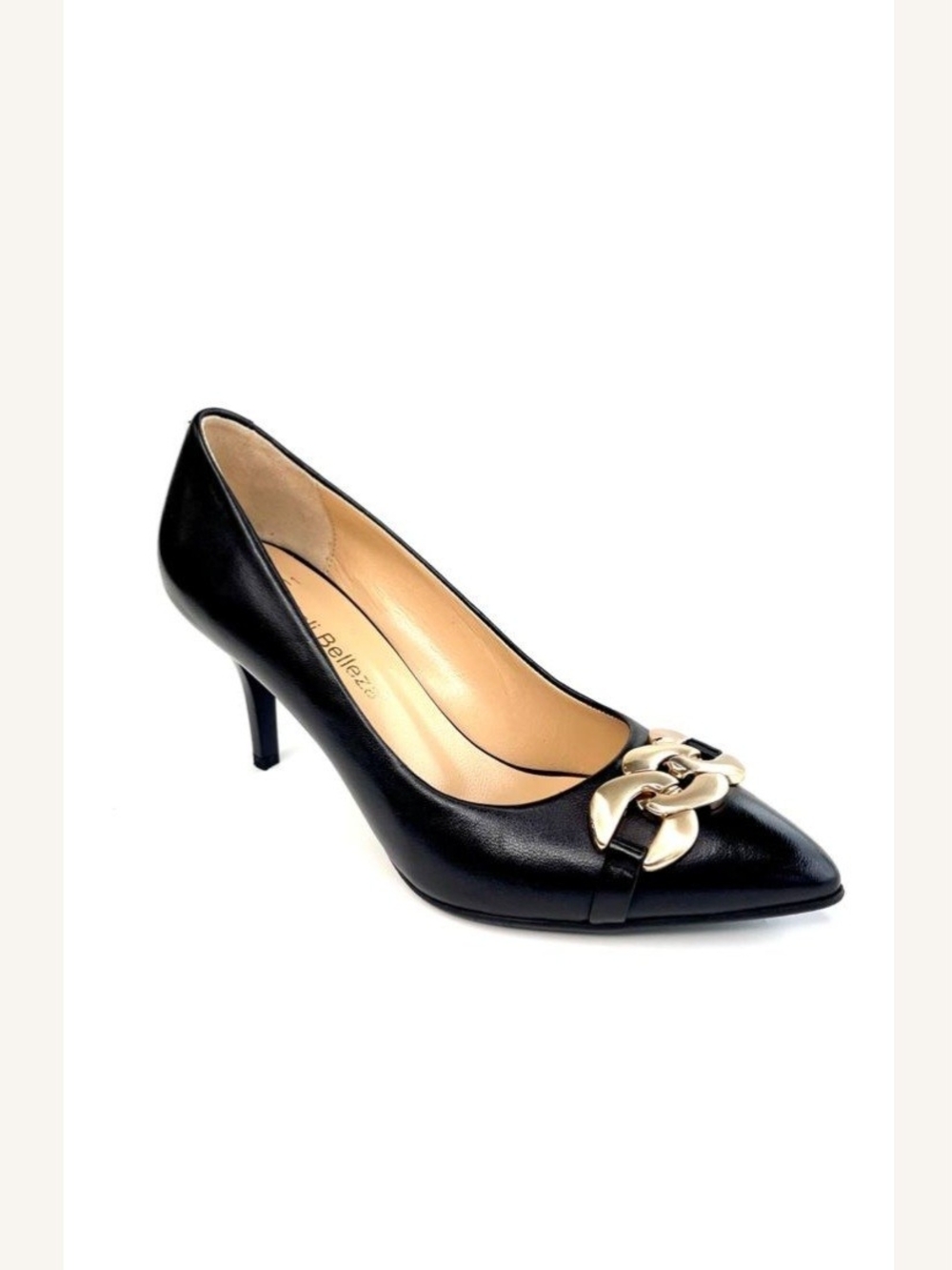 Black Pointed-Toe Heels with Gold Chain Accent Size 8.5 NWOT